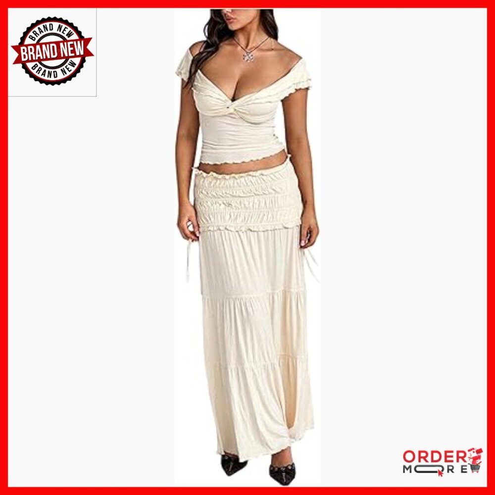 Large 2-Piece Skirt Set with Off-Shoulder Crop Top and Ruffle Maxi Skirt